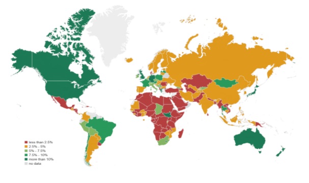 Harita 1: Ülkelere Göre Kamu Covid-19 Mali Yardımlarının Milli Gelire Oranı 